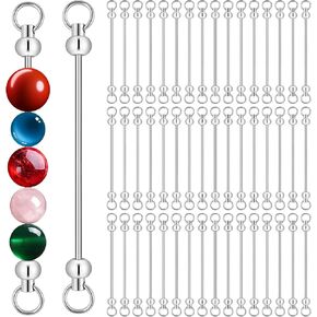 50Pcs Beadable Keychains Bars DIY Set, Metal Sliver Blank Keychains Beadable Bars Charmful Beaded Keychain Pendant Making Kit, Beadable Keychain Making Supplies for DIY Gift Craft Accessories