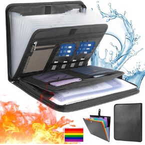 Fireproof Expanding File Folder,Portable 13 Pockets Zipper Binder Multi-Layer Important Document Organizer Extra 7 Pockets Document Holder with Labels for Office Home Vital Documents Storage