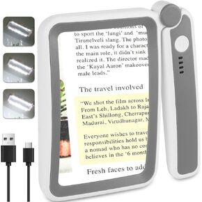 Rechargeable Magnifying Glass with Light for Reading, 5X Large Page Magnifier with LED Lighted for Seniors Low Vision, Folding Handheld Lightweight Rectangle Magnifier for Reading Book Small Print