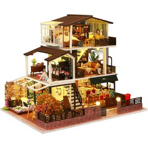 Yuzhen DIY Miniature Dollhouse with Furniture and LED Lights, European Style Villa Wooden Dollhouse Includes Dustcover and Music Movement, Exquisite Home Decor