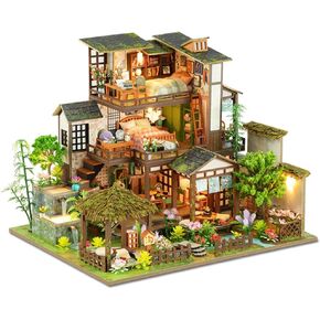 Yuzhen DIY Miniature Dollhouse with Furniture and LED Lights, Japanese Style Wooden Dollhouse Includes Dustcover and Music Movement, Exquisite Home Decor