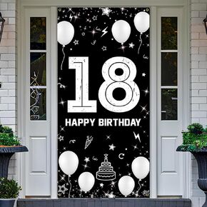 Happy 18th Birthday Decorations for Boys Girls - Fabric 18 Year Old Birthday Door Banner, Yard Sign, Photo Booth Props Backdrop - Black Silver Birthday Party Decor Supplies for Outdoor Indoor