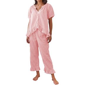 Thopavenoir Women 2 Piece Plaid Pajama Sets Button Down Short Sleeve Babydoll Shirt + Gingham Pants Pj Lounge Set Sleepwear