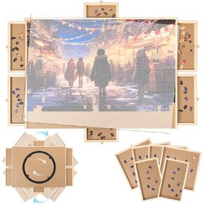 Rotating Puzzle Board with Drawers - Large Puzzle Table 35"x27" Size - 6 Premium Wood Storage Drawers - 360 Degree Rotating Lazy Susan - Puzzles and Board Games - Fits Puzzles up to 1500 Pieces