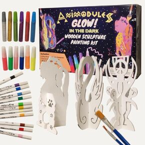 3 Piece Set 3D Animal Wood Sculpture Painting Kits-Decorate Your Own Painting Gift for Kids & Adults-DIY Wood Craft Painting Kits for Girls & Boys-Desktop Buddy-Glow in Dark Paint Included