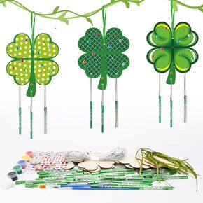 10pcs St. Patrick's Day Shamrock Wind Chimes for Kid Wooden Clover Craft Make Your Own Lucky Irish Day Four-Leaf Decorative Wind Chime for Adult Child Grandkid St.Patrick's Day Decoration