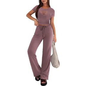 Womens 2 Piece Sets Summer Tracksuits Cut Out Short Sleeve T-shirt Wide Leg Pants Set Yoga Lounge Set