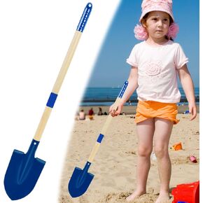 1PCS Metal Beach Shovels for Kids, 15.3"-28" Long Toddler Spade Sand Shovel Blue Detachable Childrens Garden Shovel with Wood Handle and Plastic Grip Beach Play Tool for Kids Adult Digging Sand