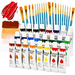 Acrylic Paint Set - 24 Colors Acrylic Paint with 20 Brushes,24 x 12ml Tubes Artist Quality,Non Toxic Painting Supplies Kits for Artists and Adults,Craft Paint for Canvas Rock Ceramic Wood