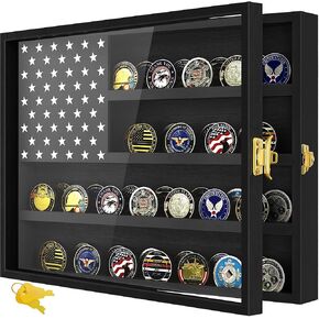 Military Challenge Coin Display Case 16 x 12 in, Wooden American Flag Shadow Box with Anti-Dust UHD Acrylic Door, Gold-Antitheft Lock & Wall Mount, Gift for Collectors (Black Large)