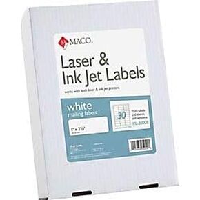 MACO White Laser/Ink Jet Address Labels, ML-3000B, Permanent Adhesive, 1"W x 2 5/8"L, Rectangle, White - 30 Per Sheet, Box of 7,500