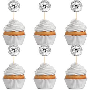 24 Pcs Disco Ball Cupcake Toppers, Disco Ball Cupcake Picks, Disco Ball Cake Toppers Disco Theme Cake Decorations for Disco Theme Party 70s Disco Party Decorations(2.7CM)