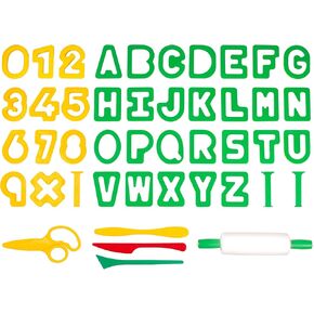 Jovi - Playdough Tools for Kids, 44 Modeling and Cutting Tools for Modeling Clays, Air Dry, Dough, Plasticine... Accessories Set with Letters, Numbers, 1 Rolling Pin and Scissors (P7AN)