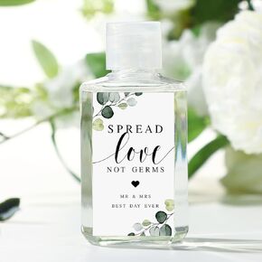 72 Pcs Hand Sanitizer Labels Wedding Spread Love Not Germs Stickers Sage Greenery Eucalyptus Stickers Mr Mrs Thank You Gift for Guest Weeding Bridal Shower Engagement Bachelorette Party Favor