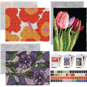 Foilswirl 3 Pcs Latch Hook Kits for Adult Flower DIY Crochet Carpet Color Printed DIY Carpet Crafts Rug Embroidery Hook Rug Kit Needlework Sets for Adults Spring Birthday, 20.5 x 15 Inch