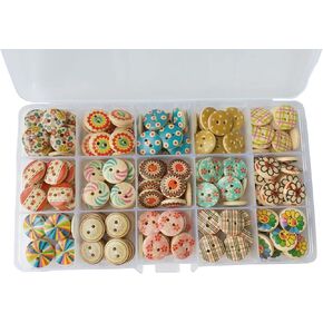225pcs 15mm 15 Patterns 2 Hole Mixed Buttons Wooden Flowers Round Sewing Craft Type Wood Floral Buttons Accessories Sewing with Plastic Box for DIY Handmade Craft