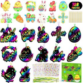 Leesgel Kids Easter Scratch Paper ، 108pcs Easter Bunny Eggs DIY Ornament Craft Kits Stuffers ، Scratch Off Corps Supplies Spring Tists Firth Party Party Favors