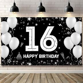 Happy 16th Birthday Decorations for Boys Girls - Fabric Black Silver 16 Birthday Backdrop Banner, Yard Sign, Photo Booth Props - Sixteen Birthday Party Decor Supplies for Outdoor Indoor