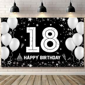 Happy 18th Birthday Decorations for Boys Girls - Fabric 18 Birthday Backdrop Banner, Yard Sign, Photo Props Background - Black White Silver Birthday Party Decor Supplies for Men Women