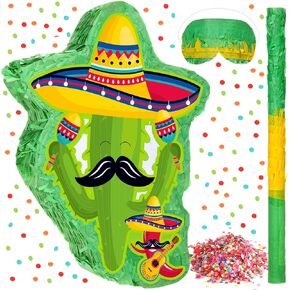 Lenwen Mexico Cactus Piñata 16x12x3 Inch Cactus Piñata with Stick Blindfold and Confetti Pepper Piñata with Mexico Hat Cinco De Mayo Fiesta Red Chili Piñata for Party Game