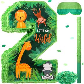 Jexine 3 Pcs 16 Inch Animal Number 2 Piñata Jungle Animals Number Two Piñata with Blindfold Bat and Confetti for Boy Zoo Themed 2nd Birthday Celebration Party Supplies
