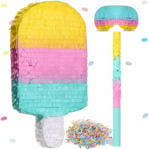 Ice Cream Pinata Includes Stick Blindfold Confetti Ice Cream Pinata Summer Theme Pinata Ice Cream Party Supplies for Kids Summer Birthday Party Decor, 16.1 x 7.9 x 3.2 Inches