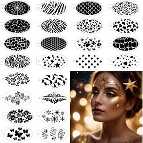Face Painting Stencils Set – 24 PCS Reusable Body Art Templates with Butterflies, Christmas Snowflakes, Leopard Prints for DIY Halloween Party Makeup