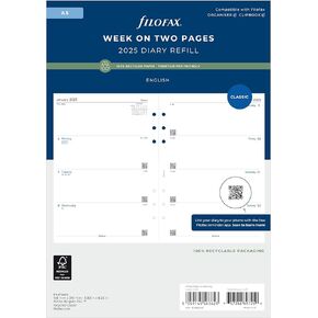 Filofax Calendar Diary Refill, A5 Size, Week-to-View, White Paper, Unruled, English, 2025 (C68522R-25)