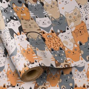 RUSPEPA Cat Wrapping Paper Roll, Mini Roll, Adorable Cat Faces Design Gift Wrap Paper, Kitten Kitty Kraft Paper Kraft Paper for Kids Birthday, Cat Lovers and Special Occasions, 17 In x 16.4 Ft
