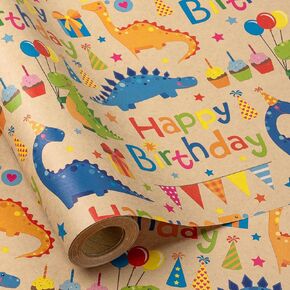 RUSPEPA Wrapping Paper Roll for Kids - 17 Inches x 16.4 Feet - Colorful Cartoon Dinosaur Design on Kraft Paper - Ideal for Boy or Neutral Gift Wrapping, Kids' Birthday Party and Baby Shower