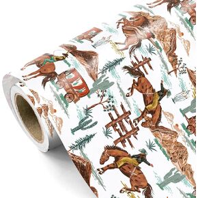 WRAPAHOLIC Western Cowboy Wrapping Paper - Mini Roll - 17 Inch x 16.5 Feet - Cowboy Horse Wrapping Paper for Boys Men Birthday, Nashville Party