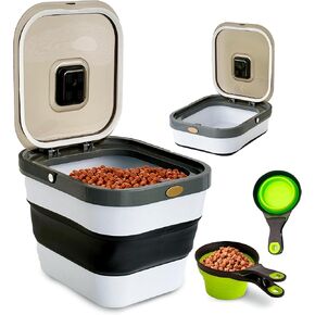 Dog Food Storage Container, 10 lb to 15 lb. Set includes a 3-in-1 Multifunctional Bag Clip, Collapsible Measuring Cup and Expandable Container. Pet food storage containers, cat food container