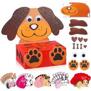 Pasimy DIY Valentines Day Mailbox with 33 Dog Puppy Cards Valentine Dog DIY Mail Box Craft for Kids Puppy Valentines Cards for Classroom Exchange Gift Games Valentine's Day School Party Favors