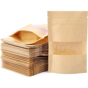 100pcs 3.5 x 5.5 inch Kraft Paper Treat Bags with Window Ziplock Stand Up Pouches for Food Storage Cookies Snacks Tea Packing