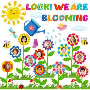 Spring Bulletin Board Decorations - Look We are Blooming Flower Sun Butterfly Cutouts Classroom Growth Photo Boards Decor for School Office Party Supplies