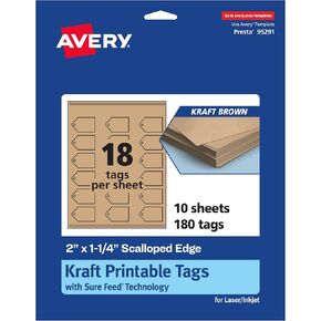 Avery Printable Rectangle Scalloped Tags with Sure Feed Technology, 2" x 1-1/4", Kraft Brown Cardstock, Print-to-the-Edge, Laser/Inkjet, 180 Total, Great for Custom Gift Tags and Branding Tags