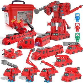 Magnetic Transform Firefighter Truck Toys, Robot Assembled Toys Set for Kids 3-5, Magnetic Fire Truck Toy Sets with Storage Box, Birthday Chiristmas Gifts for Boys 4-8