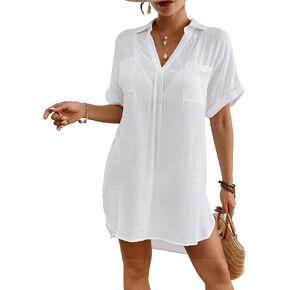 Bsubseach Swimsuit Coverup for Women V Neck Beach Cover Ups Bathing Suit Cover Up Summer Cotton Swimwear with Pockets