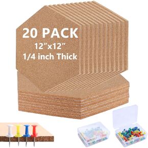 HOMOKUS 20 Pack Hexagonal Cork Board Bulletin Board for Wall 11.8" x 10.2",1/4" Thick Cork Board Tiles,Self Adhesive Corkboards Wall Decor with 100pcs Push Pin Wood Clips for Home School Office