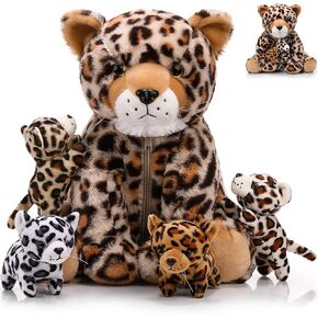 5 Pcs Cheetah Stuffed Animals for Kids 14" Large Mommy Cheetah Plush with 4 Cubs Baby Leopard Plush Toys in Tummy for Girls Boys Birthday Forest Party Decors