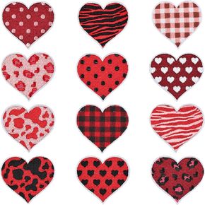 Heart Iron on Patches for Valentine's 12pcs Red Heart Embroidered Sew on Patches for Applique Repair Patch DIY Crafts for Clothing Jacket Jeans Dress Backpack Bag
