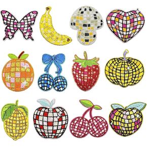 12Pcs Fruits Disco Ball Iron on Patches Sew on Repair Embroidered Applique Mirror Ornaments Music Party Bling Ball Decorative Patches for DIY Clothes Hats Jeans Bags