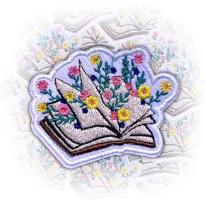 Flower Book Iron On Embroidery Patches for Backpacks Hats Jeans Bags, Size 3" Sewing Patches, Bookish Floral Appliques for Clothes, Flowers with Book Embroidery Patches, Gift for Book Lover