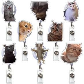 8Pcs Cat Meme Badge Reel, Cute Badge Reels Retractable Funny Clip Badge Holder for Nurse Doctor