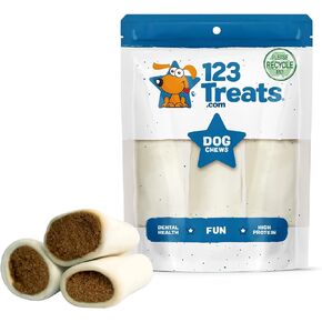 Peanut Butter Filled Bones for Dogs (2 Count) Long Lasting PB Dog Chews - Stuffed Shin Bones, 5 to 6" Individually Shrink Wrapped