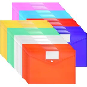 48pcs Plastic Folders for Documents，Plastic Envelopes with Snap Closure,Folders Bulk,Letter Size,8 Colors，A4 Size with Label Pocket for School Home Work Office Organization.