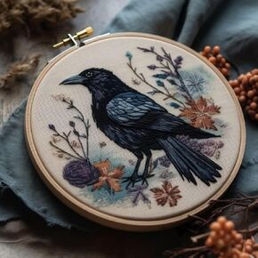 Generic Counted Easy Cross Stitch Kits Watercolor Crow Raven Color Stamped Embroidery for Starter Kits DIY 11CT Stamped Patterns Embroidery Needlework Kit Supplies 12 Inch Hoop Included(172-E)