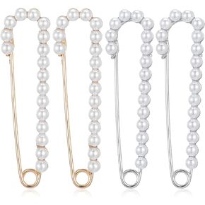 4PCS Pearl Brooch Pins for Women, Faux Pearls Sweater Clip, Safety Pins for Clothes, Decorative Shawl Pin Dress Clips Shirt Clips Scarf Pins and Clips for Clothing Decoration(Gold, Silver)