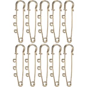 10-Pack Large Safety Pins 1.97 Inch/ 50mm Plated Metal Brooch Pins with 3 Loops for DIY Garment/Blankets/Skirts, Heavy Hat Pins Craft Decorative [Gold Tone]
