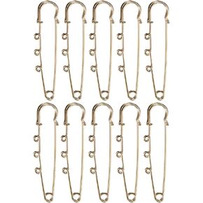 10-Pack Large Safety Pins 2.56 Inch/ 65mm Plated Metal Brooch Pins with 3 Loops for DIY Garment/Blankets/Skirts, Heavy Hat Pins Craft Decorative [Gold Tone]